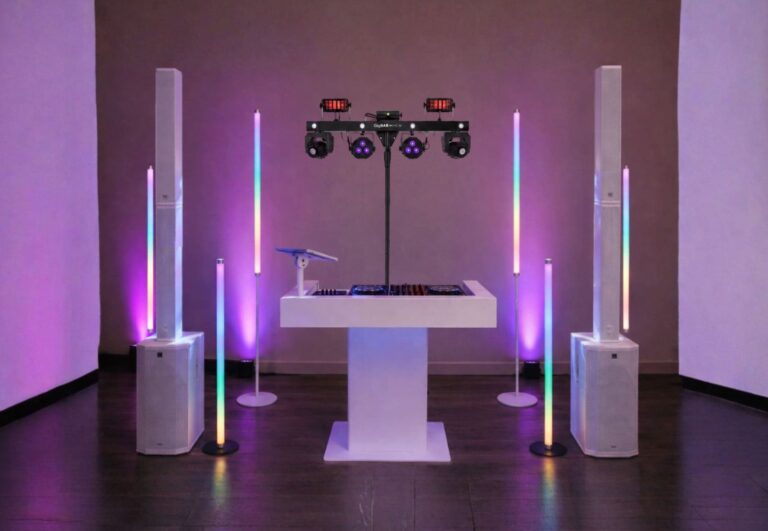 Cleane Optik & Perfektes Handwerk 💎 Das Auge feiert mit: Das stylische, komplett weiße Design-DJ-Tisch fügt sich harmonisch und elegant in jede Hochzeitslocation ein – unschöner Kabelsalat bleibt unsichtbar. Dahinter sorgt das Flaggschiff-Mischpult Pioneer DDJ FLX-10 für absolut fließende, kreative Übergänge ohne Pausen, die eure Gäste auf der Tanzfläche halten.